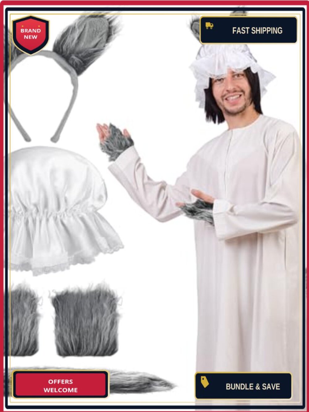 Wolf Costume Set 5 Pc Faux Fur Ears Tail Gloves Hat Halloween Cosplay